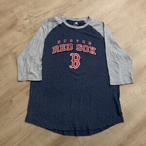 MLB Boston Red Sox Raglan T-Shirt Men's Large Navy Blue Gray 3/4 Sleeve Baseball